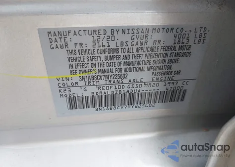 2021 Nissan Sentra Sv Xtronic Cvt из США, поврежденный, VIN 3N1AB8CV7MY225602